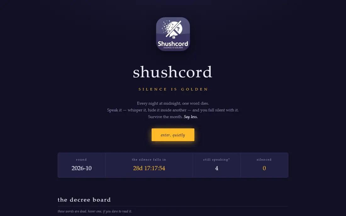 The Shushgame home page on a laptop: the game logo, a tagline, an enter button and a row of live round statistics.