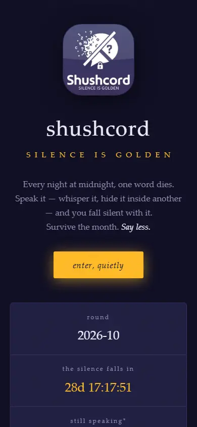The same Shushgame page on a phone, stacked in a single column.
